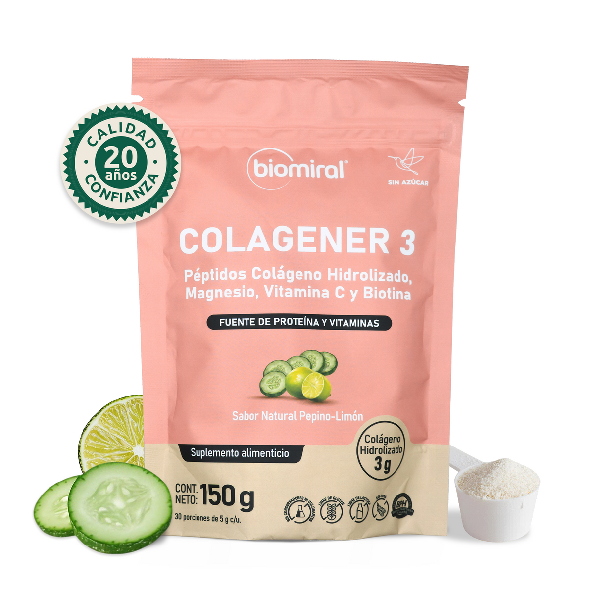 Colagener 3 | Colágeno, Magnesio, Vitamina C y Biotina | Pepino-Limón
