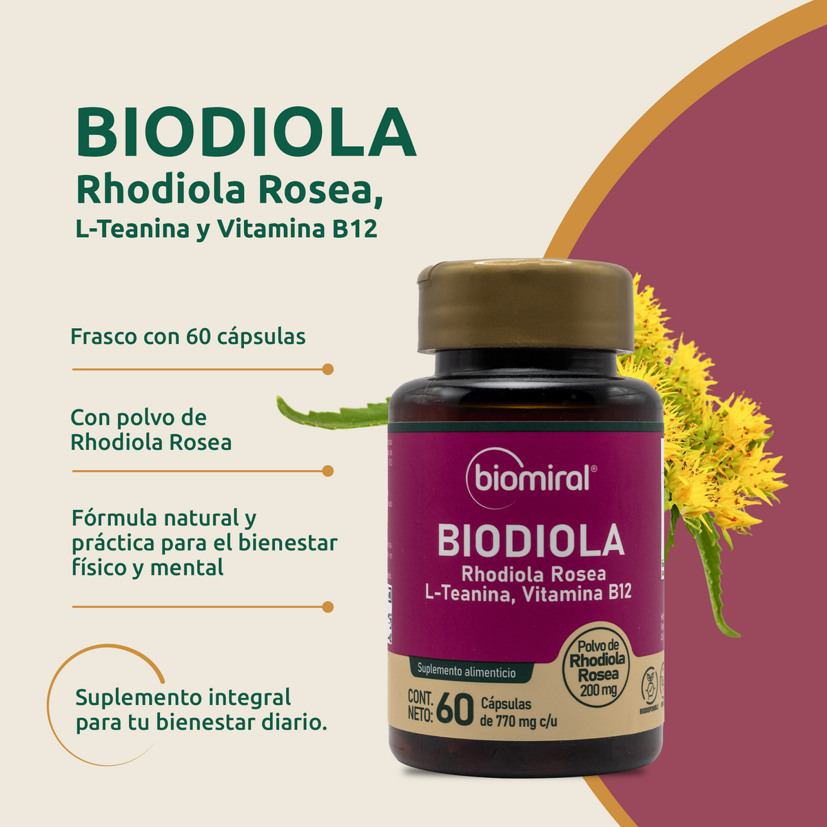 Biodiola Biomiral | Rhodiola rosea + L-Teanina