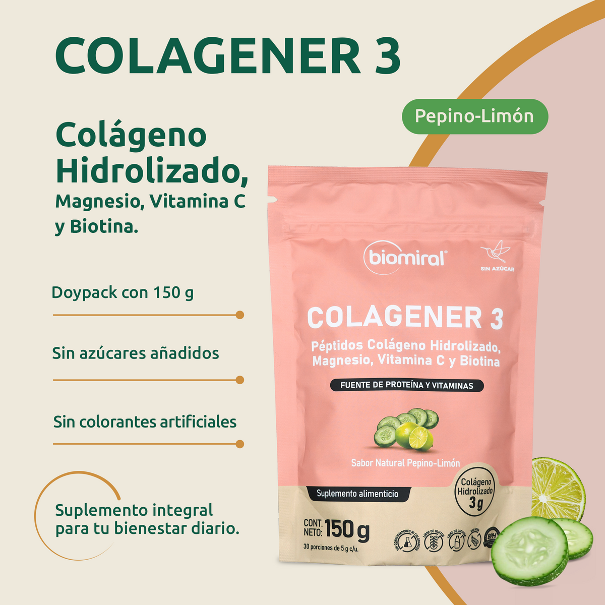 Colagener 3 | Colágeno, Magnesio, Vitamina C y Biotina | Pepino-Limón