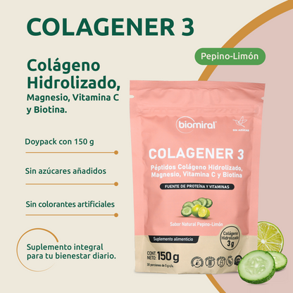 Colagener 3 | Colágeno, Magnesio, Vitamina C y Biotina | Pepino-Limón