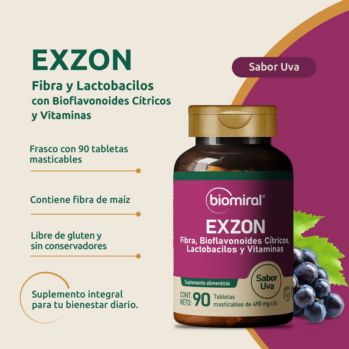 Exzon | Bioflavonoides cítricos, fibra y probióticos | Sabor uva