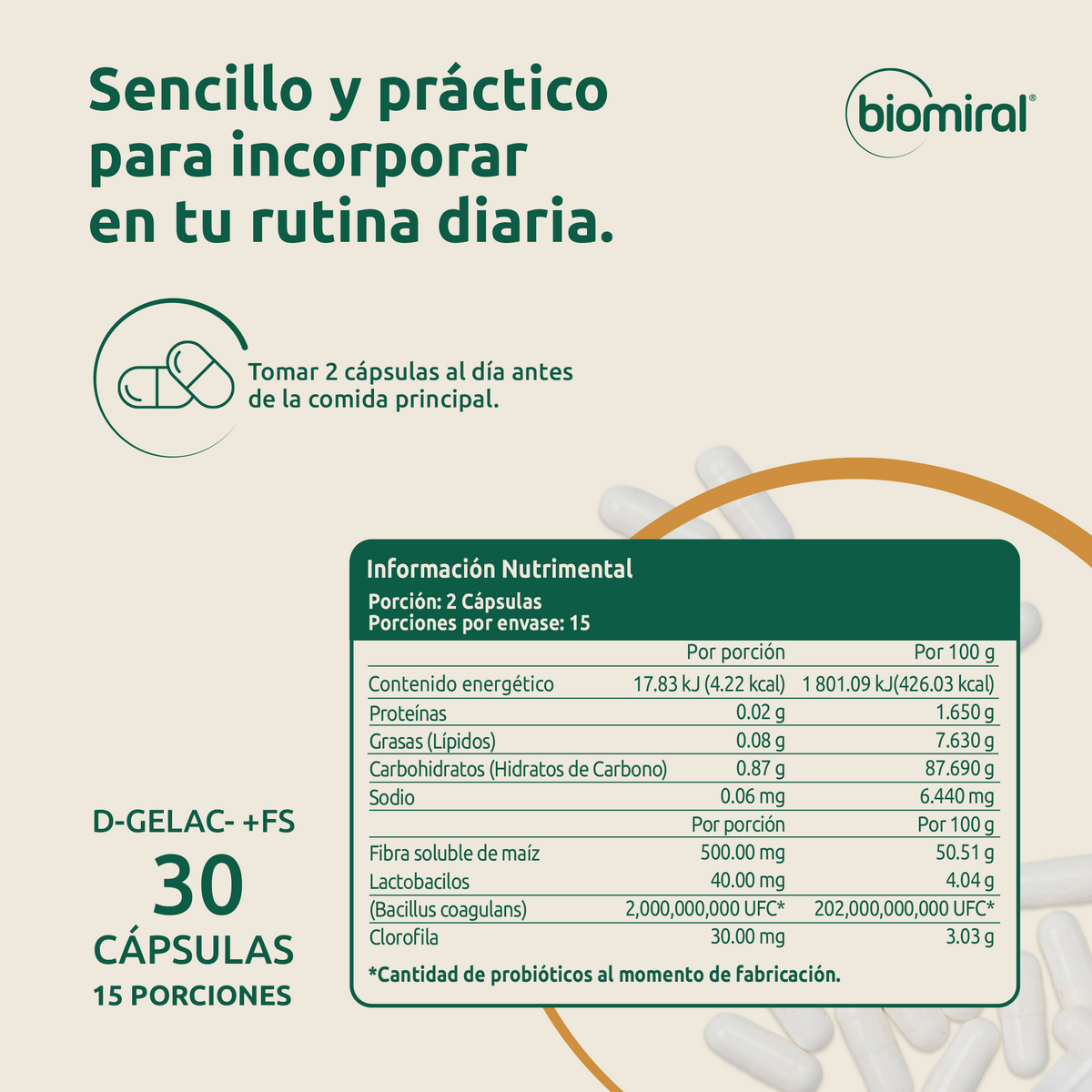 D-GELAC + FS | Bacillus coagulans, fibra prebiótica y clorofila