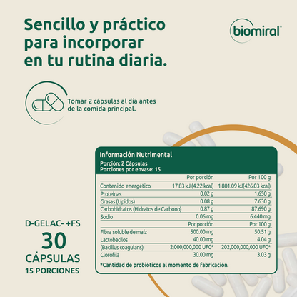 D-GELAC + FS | Bacillus coagulans, fibra prebiótica y clorofila
