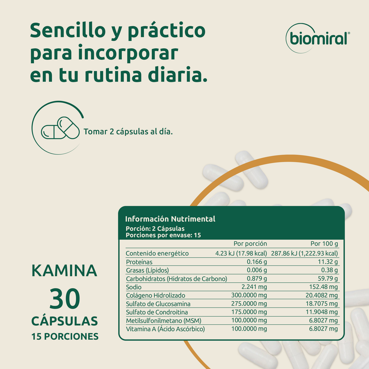 Kamina Biomiral | Glucosamina, Condroitina, MSM y Colágeno
