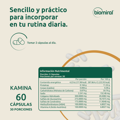 Kamina Biomiral | Glucosamina, Condroitina, MSM y Colágeno